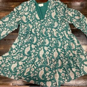 Melloday Green Boho Prairie Paisley Floral Mini Dress Medium